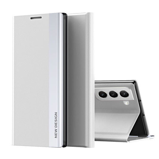 For Samsung Galaxy S22 5G Side Electroplated Magnetic Ultra-Thin Horizontal Flip Leather Case with Holder(Silver) - Galaxy S22 5G Cases by buy2fix | Online Shopping UK | buy2fix