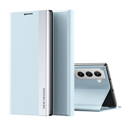 For Samsung Galaxy S22 5G Side Electroplated Magnetic Ultra-Thin Horizontal Flip Leather Case with Holder(Light Blue) - Galaxy S22 5G Cases by buy2fix | Online Shopping UK | buy2fix