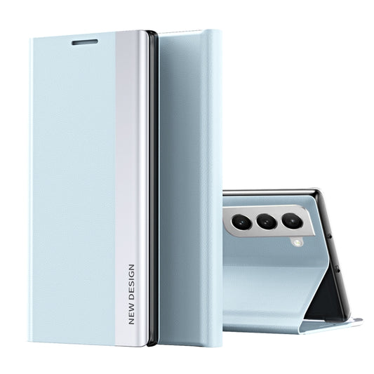 For Samsung Galaxy S22 5G Side Electroplated Magnetic Ultra-Thin Horizontal Flip Leather Case with Holder(Light Blue) - Galaxy S22 5G Cases by buy2fix | Online Shopping UK | buy2fix