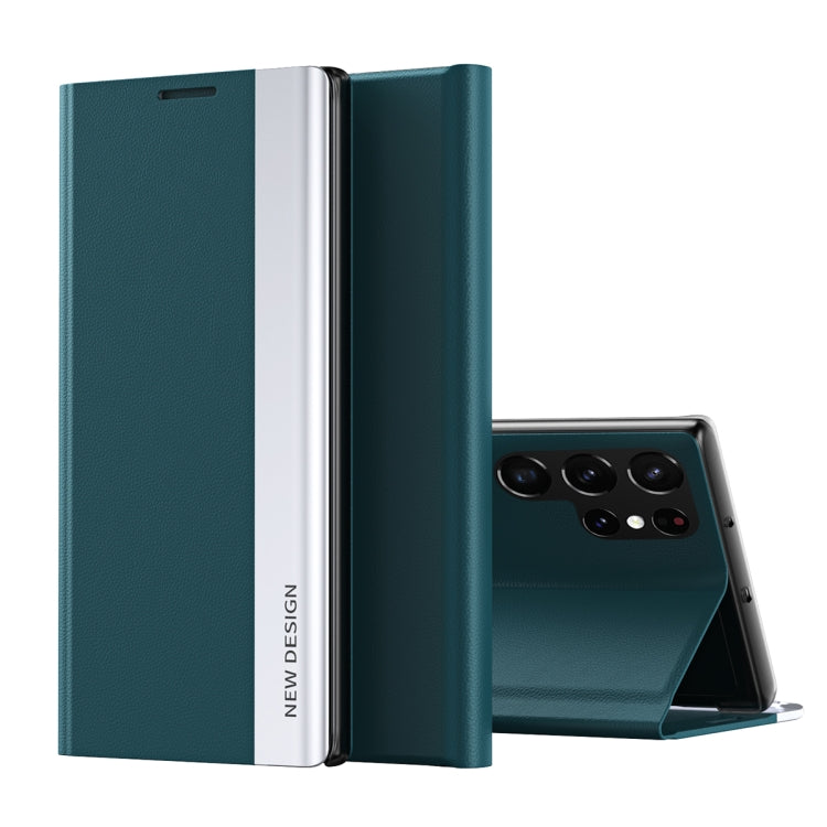 For Samsung Galaxy S22 Ultra 5G Side Electroplated Magnetic Ultra-Thin Horizontal Flip Leather Case with Holder(Green) - Galaxy S22 Ultra 5G Cases by buy2fix | Online Shopping UK | buy2fix