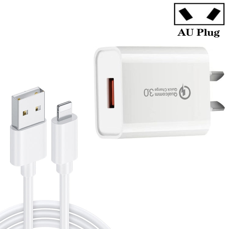 CA-25 QC3.0 USB 3A Fast Charger with USB to 8 Pin Data Cable, AU Plug(White) - USB Charger by buy2fix | Online Shopping UK | buy2fix