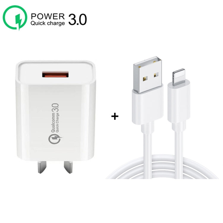 CA-25 QC3.0 USB 3A Fast Charger with USB to 8 Pin Data Cable, AU Plug(White) - USB Charger by buy2fix | Online Shopping UK | buy2fix