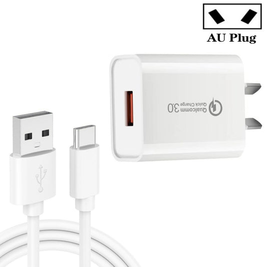 CA-25 QC3.0 USB 3A Fast Charger with 1m USB to Type-C Data Cable, AU Plug(White) - USB Charger by buy2fix | Online Shopping UK | buy2fix