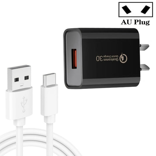 CA-25 QC3.0 USB 3A Fast Charger with 1m USB to Type-C Data Cable, AU Plug(Black) - USB Charger by buy2fix | Online Shopping UK | buy2fix