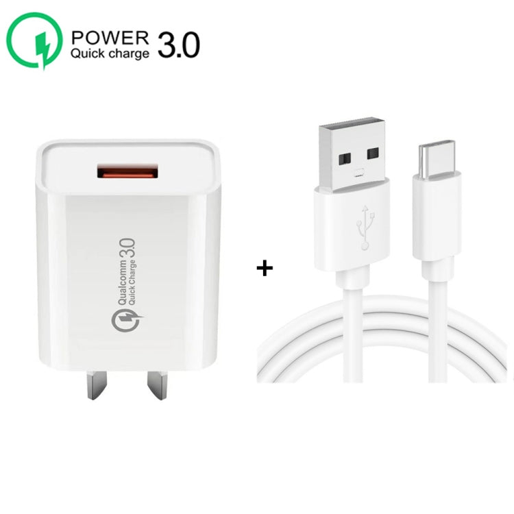 CA-25 QC3.0 USB 3A Fast Charger with 1m USB to Type-C Data Cable, AU Plug(Black) - USB Charger by buy2fix | Online Shopping UK | buy2fix