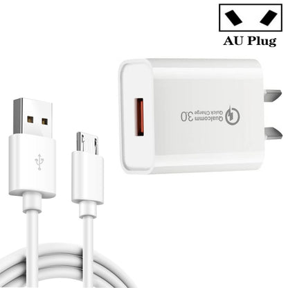 CA-25 QC3.0 USB 3A Fast Charger with USB to Micro USB Data Cable, AU Plug(White) - USB Charger by buy2fix | Online Shopping UK | buy2fix