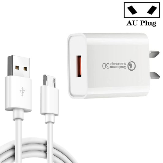 CA-25 QC3.0 USB 3A Fast Charger with USB to Micro USB Data Cable, AU Plug(White) - USB Charger by buy2fix | Online Shopping UK | buy2fix