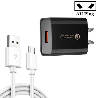 CA-25 QC3.0 USB 3A Fast Charger with USB to Micro USB Data Cable, AU Plug(Black) - USB Charger by buy2fix | Online Shopping UK | buy2fix