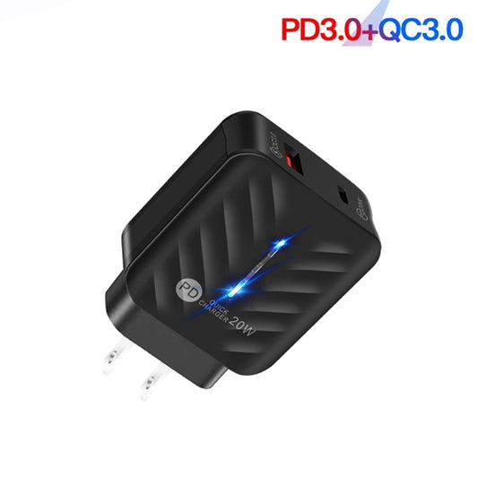 PD03 20W Type-C + QC3.0 USB Charger with Indicator Light, US Plug(Black) - USB Charger by buy2fix | Online Shopping UK | buy2fix