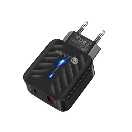 PD03 20W Type-C + QC3.0 USB Charger with Indicator Light, EU Plug(Black) - USB Charger by buy2fix | Online Shopping UK | buy2fix