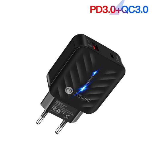 PD03 20W Type-C + QC3.0 USB Charger with Indicator Light, EU Plug(Black) - USB Charger by buy2fix | Online Shopping UK | buy2fix