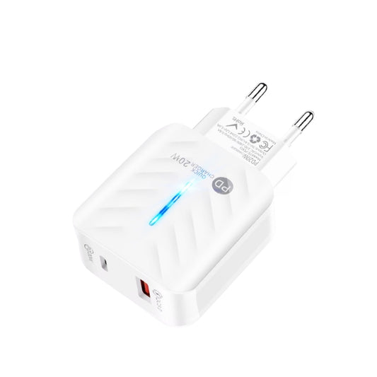 PD03 20W Type-C + QC3.0 USB Charger with Indicator Light, EU Plug(White) - USB Charger by buy2fix | Online Shopping UK | buy2fix