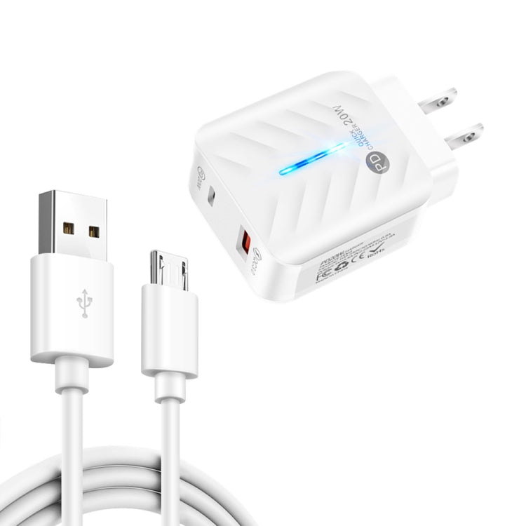 PD03 20W PD3.0 + QC3.0 USB Charger with USB to Micro USB Data Cable, US Plug(White) - USB Charger by buy2fix | Online Shopping UK | buy2fix