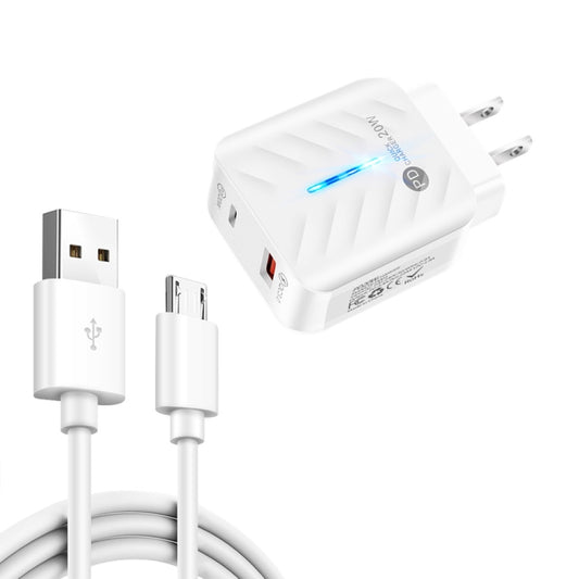 PD03 20W PD3.0 + QC3.0 USB Charger with USB to Micro USB Data Cable, US Plug(White) - USB Charger by buy2fix | Online Shopping UK | buy2fix