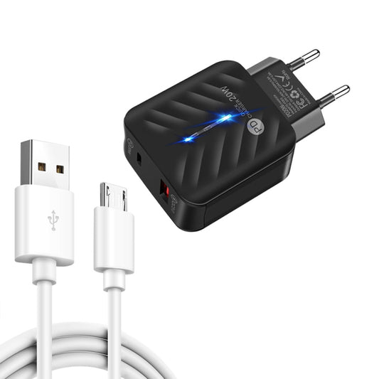 PD03 20W PD3.0 + QC3.0 USB Charger with USB to Micro USB Data Cable, EU Plug(Black) - USB Charger by buy2fix | Online Shopping UK | buy2fix