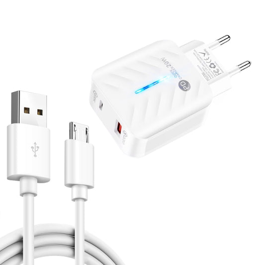 PD03 20W PD3.0 + QC3.0 USB Charger with USB to Micro USB Data Cable, EU Plug(White) - USB Charger by buy2fix | Online Shopping UK | buy2fix