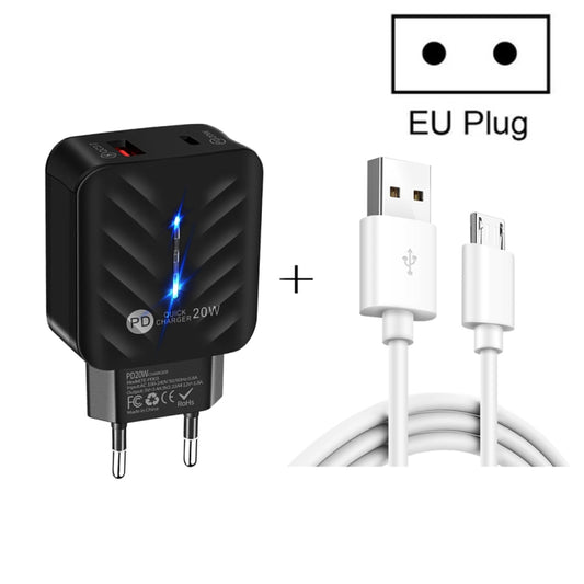 PD03 20W PD3.0 + QC3.0 USB Charger with USB to Micro USB Data Cable, EU Plug(Black) - USB Charger by buy2fix | Online Shopping UK | buy2fix