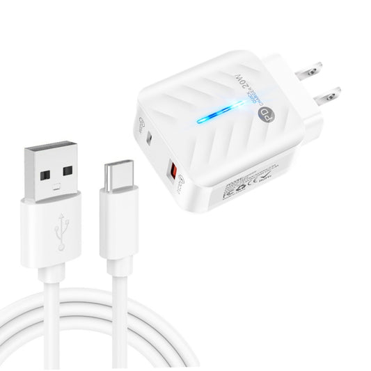 PD03 20W PD3.0 + QC3.0 USB Charger with USB to Type-C Data Cable, US Plug(White) - USB Charger by buy2fix | Online Shopping UK | buy2fix