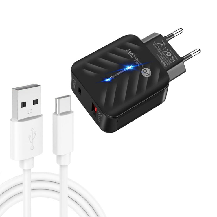 PD03 20W PD3.0 + QC3.0 USB Charger with USB to Type-C Data Cable, EU Plug(Black) - USB Charger by buy2fix | Online Shopping UK | buy2fix