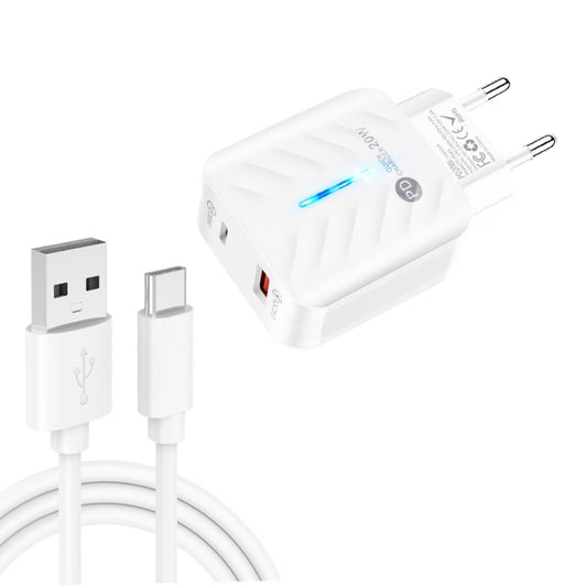 PD03 20W PD3.0 + QC3.0 USB Charger with USB to Type-C Data Cable, EU Plug(White) - USB Charger by buy2fix | Online Shopping UK | buy2fix