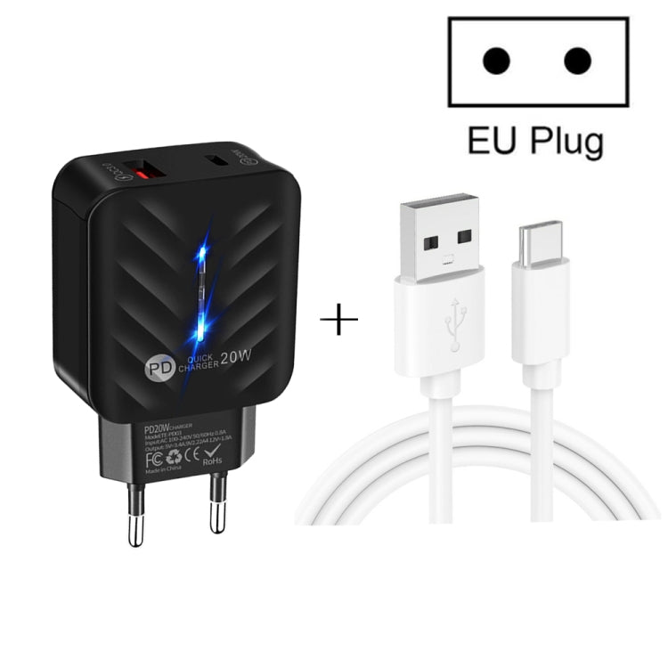 PD03 20W PD3.0 + QC3.0 USB Charger with USB to Type-C Data Cable, EU Plug(Black) - USB Charger by buy2fix | Online Shopping UK | buy2fix