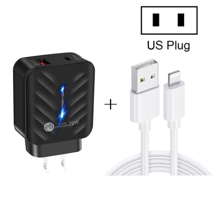 PD03 20W PD3.0 + QC3.0 USB Charger with USB to 8 Pin Data Cable, US Plug(Black) - USB Charger by buy2fix | Online Shopping UK | buy2fix