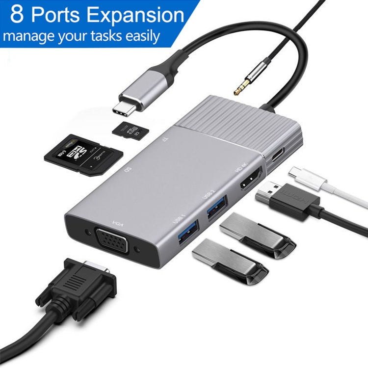 8 in 1 Type-C to HDMI + Type-C + USB x 2 + VGA + SD + TF + 3.5mm HUB Adapter by buy2fix