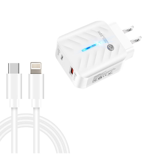 PD03 20W PD3.0 + QC3.0 USB Charger with Type-C to 8 Pin Data Cable, US Plug(White) - USB Charger by buy2fix | Online Shopping UK | buy2fix