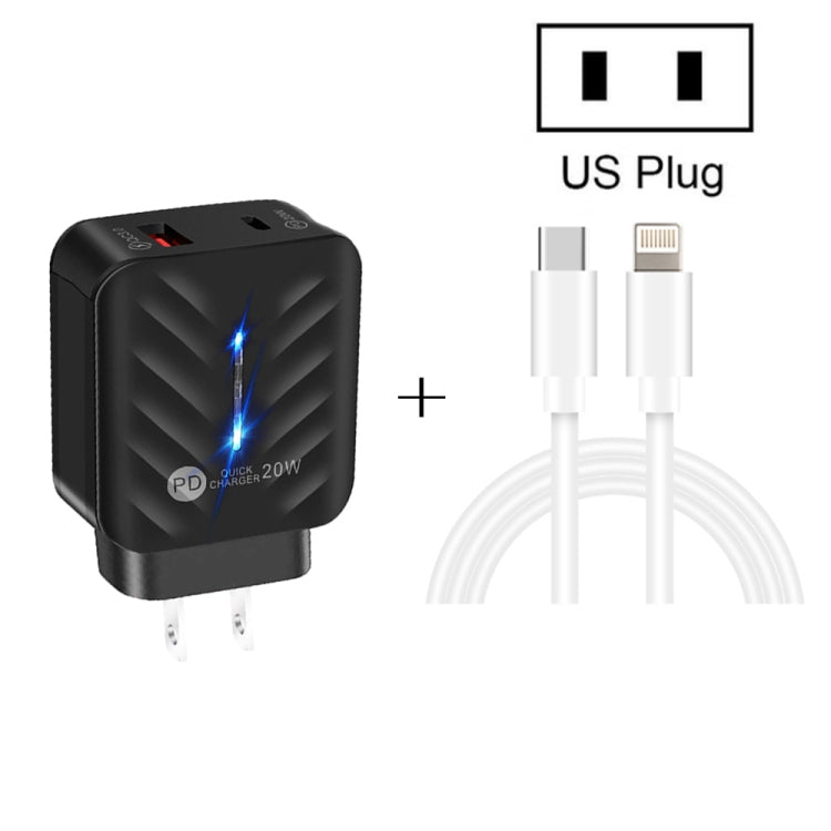 PD03 20W PD3.0 + QC3.0 USB Charger with Type-C to 8 Pin Data Cable, US Plug(Black) - USB Charger by buy2fix | Online Shopping UK | buy2fix