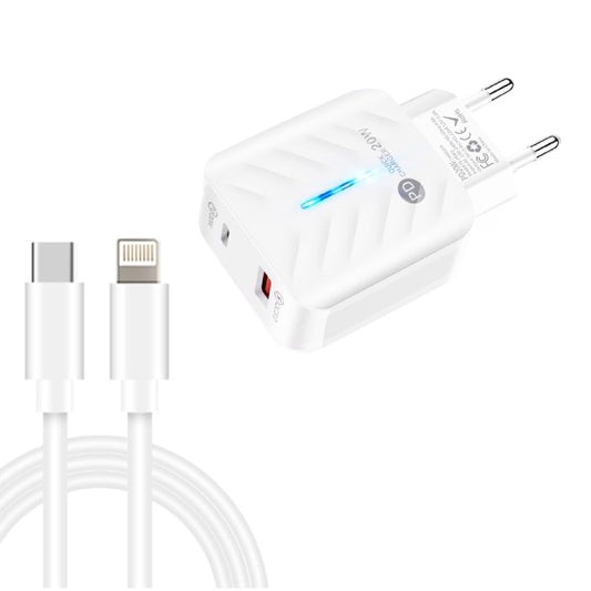 PD03 20W PD3.0 + QC3.0 USB Charger with Type-C to 8 Pin Data Cable, EU Plug(White) - USB Charger by buy2fix | Online Shopping UK | buy2fix