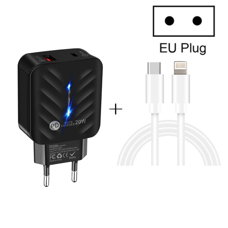 PD03 20W PD3.0 + QC3.0 USB Charger with Type-C to 8 Pin Data Cable, EU Plug(Black) - USB Charger by buy2fix | Online Shopping UK | buy2fix