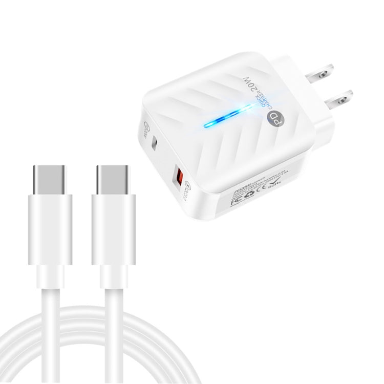 PD03 20W PD3.0 + QC3.0 USB Charger with Type-C to Type-C Data Cable, US Plug(White) - USB Charger by buy2fix | Online Shopping UK | buy2fix