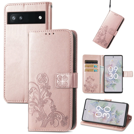 For Google Pixel 6a Four-leaf Clasp Embossed Buckle Leather Phone Case(Rose Gold) - Google Cases by buy2fix | Online Shopping UK | buy2fix