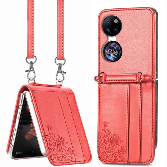 For Huawei  P50 Pocket Diagonal Embossed Card Folding Phone Case(Red) - Huawei Cases by buy2fix | Online Shopping UK | buy2fix