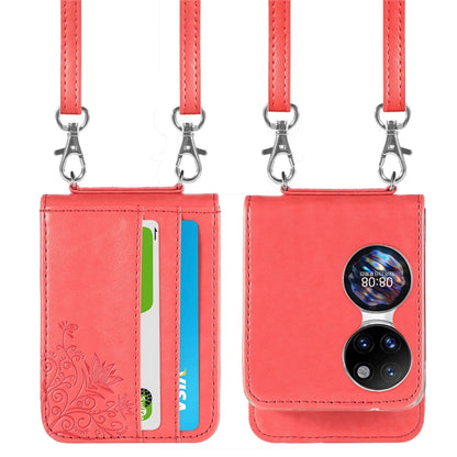 For Huawei  P50 Pocket Diagonal Embossed Card Folding Phone Case(Red) - Huawei Cases by buy2fix | Online Shopping UK | buy2fix