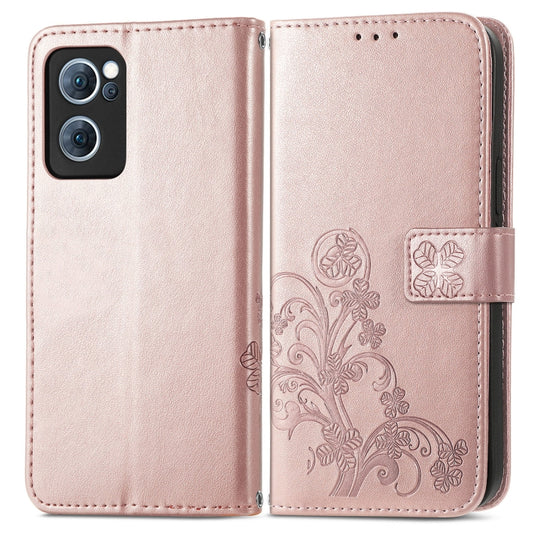 For OPPO Reno7 5G Four-leaf Clasp Embossed Buckle Leather Phone Case(Rose Gold) - OPPO Cases by buy2fix | Online Shopping UK | buy2fix