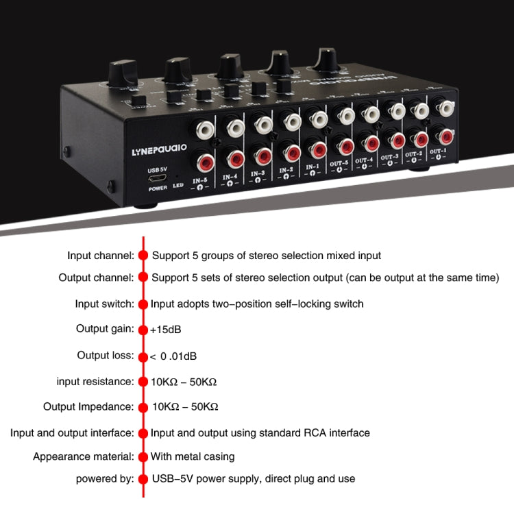 5 In 5 Out Audio Signal Selector Sound Mixing Distribute Device Input Independent Switch -  by buy2fix | Online Shopping UK | buy2fix