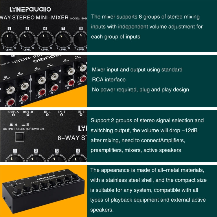 B066 Mini Stereo 8 Channel RCA Non Source Sound Passive Mixer, No Power Supply -  by buy2fix | Online Shopping UK | buy2fix