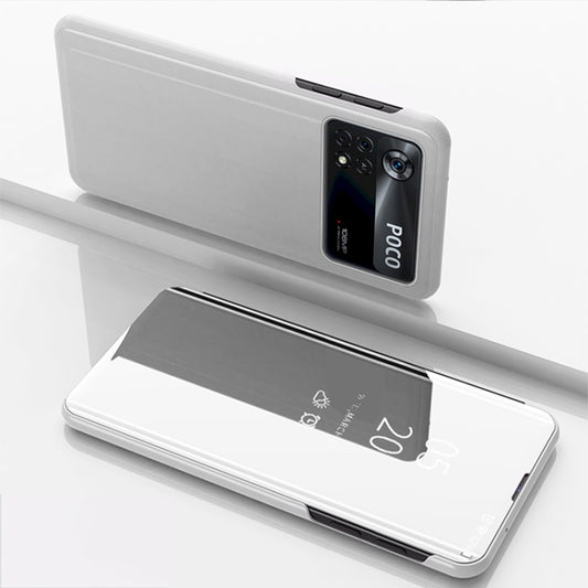 For Xiaomi Poco X4 Pro 5G Plated Mirror Horizontal Flip Leather Case with Holder(Silver) - Xiaomi Cases by buy2fix | Online Shopping UK | buy2fix