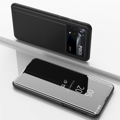 For Xiaomi Poco M4 Pro 4G Plated Mirror Horizontal Flip Leather Case with Holder(Black) - Xiaomi Cases by buy2fix | Online Shopping UK | buy2fix