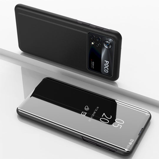 For Xiaomi Poco M4 Pro 4G Plated Mirror Horizontal Flip Leather Case with Holder(Black)