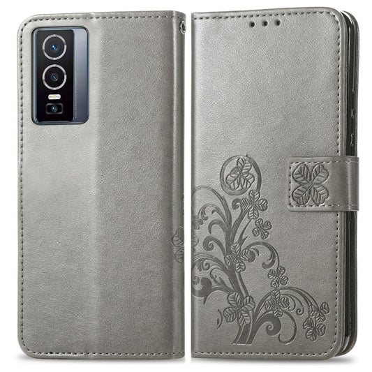 For vivo Y76 5G Four-leaf Clasp Embossed Buckle Leather Phone Case(Gray) - vivo Cases by buy2fix | Online Shopping UK | buy2fix
