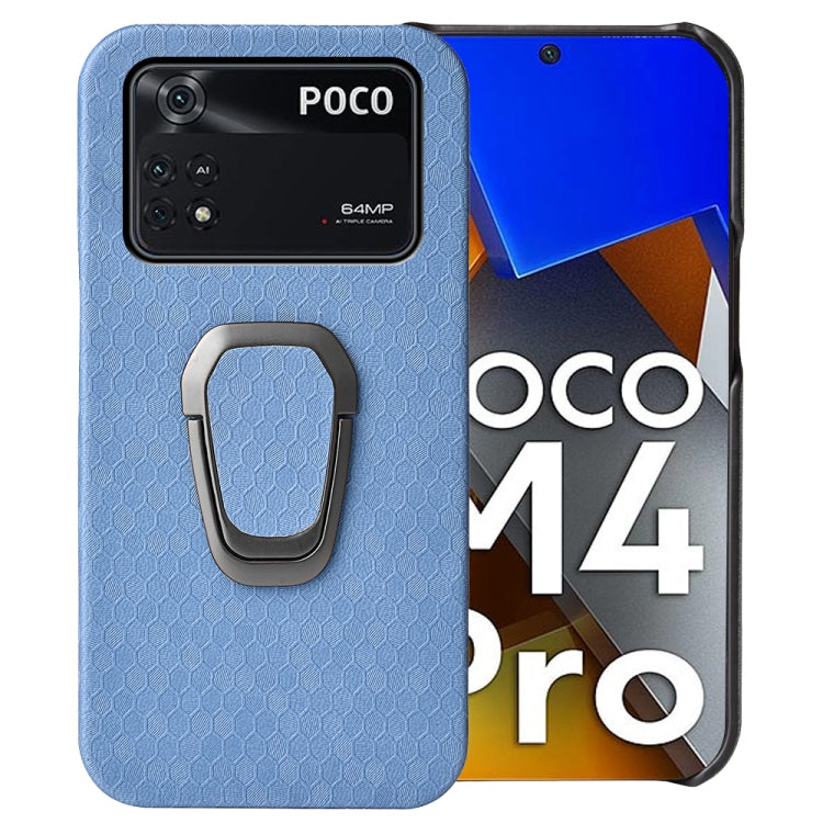 For Xiaomi Poco M4 Pro 4G Ring Holder Honeycomb PU Phone Case(Light Blue) - Xiaomi Cases by buy2fix | Online Shopping UK | buy2fix