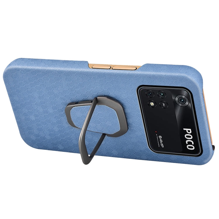 For Xiaomi Poco M4 Pro 4G Ring Holder Honeycomb PU Phone Case(Light Blue) - Xiaomi Cases by buy2fix | Online Shopping UK | buy2fix