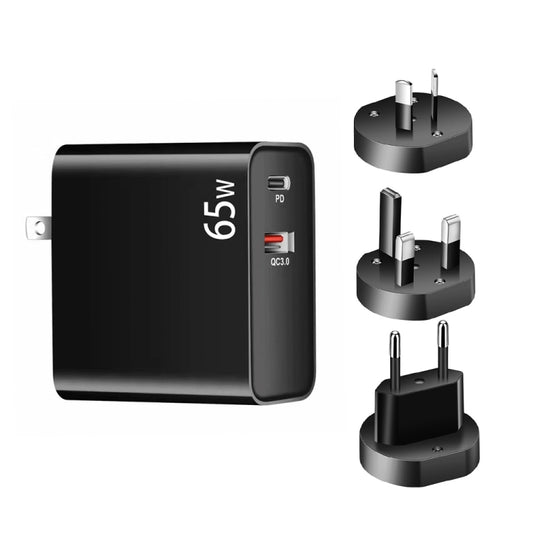 PD-65W USB-C / Type-C + QC3. 0 USB Laptop Charging Adapter + 2m USB-C / Type-C to USB-C / Type-C Data Cable Set, EU Plug / AU Plug / US Plug / UK Plug(Black) - Cable & Adapter by buy2fix | Online Shopping UK | buy2fix