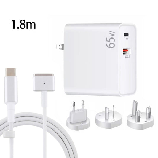 PD-65W USB-C / Type-C + QC3. 0 USB Laptop Charging Adapter + 1.8m USB-C / Type-C to MagSafe 2 / T Head Data Cable, EU Plug / AU Plug / UK Plug / US Plug(White) by buy2fix