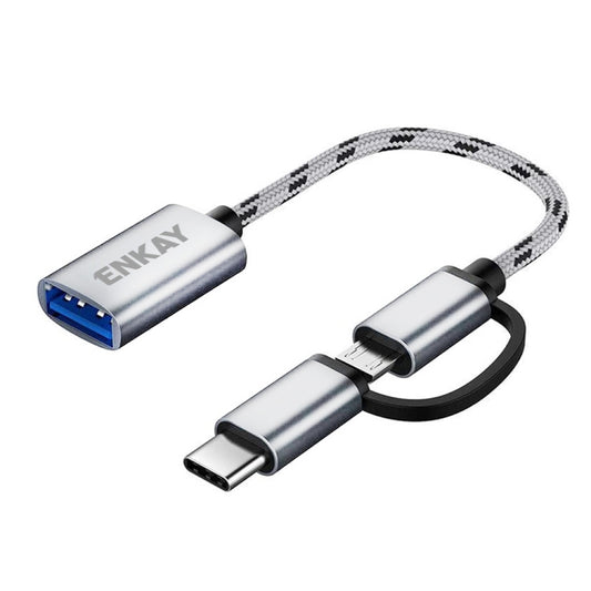 ENKAY ENK-AT113 2 in 1 Type-C / Micro USB to USB 3.0 Nylon Braided OTG Adapter Cable(Silver) - OTG Adapter by ENKAY | Online Shopping UK | buy2fix