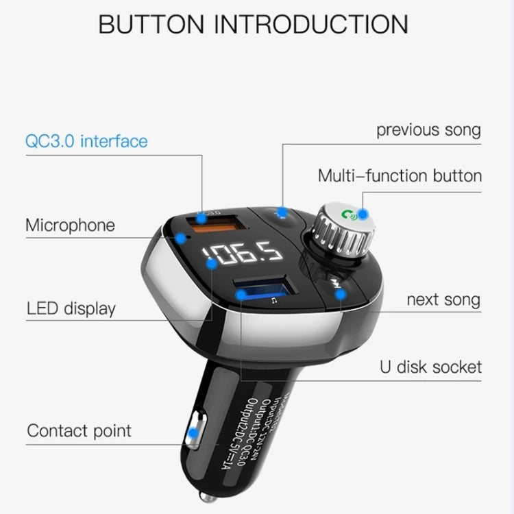 T62 Dual USB QC 3.0 Fast  Charger Bluetooth 5.0 Adapter MP3 Player Handsfree Car Kit FM Transmitter - Bluetooth Car Kits by buy2fix | Online Shopping UK | buy2fix