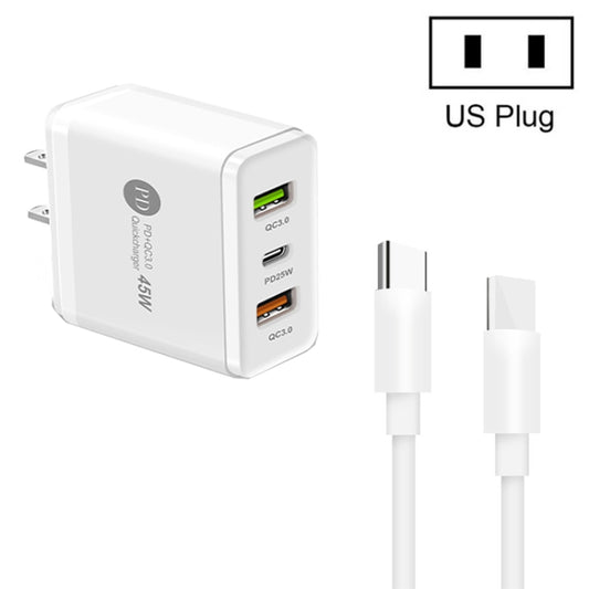 45W PD3.0 + 2 x QC3.0 USB Multi Port Charger with Type-C to Type-C Cable, US Plug(White) - USB Charger by buy2fix | Online Shopping UK | buy2fix