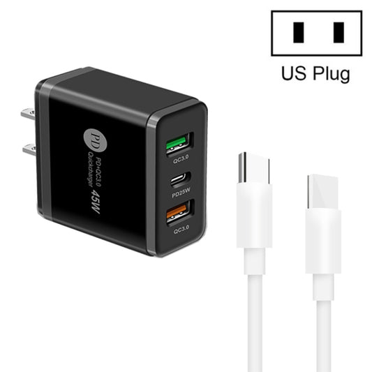 45W PD3.0 + 2 x QC3.0 USB Multi Port Charger with Type-C to Type-C Cable, US Plug(Black) - USB Charger by buy2fix | Online Shopping UK | buy2fix